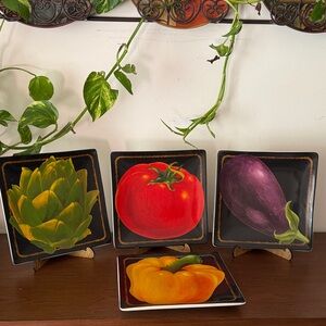 Harry & David 8 Inch Square Plate Artichoke Eggplant Tomato Bell Pepper Design